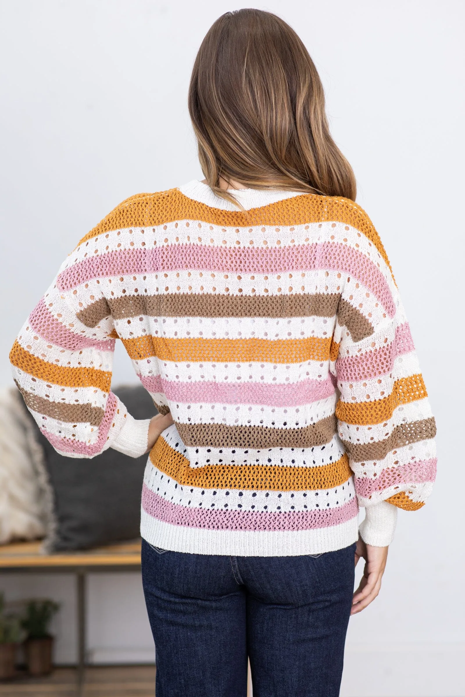 Copper and Blush Stripe Open Knit Sweater