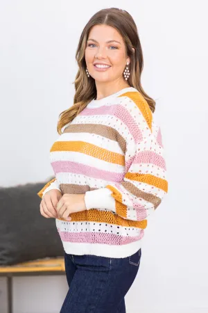 Copper and Blush Stripe Open Knit Sweater