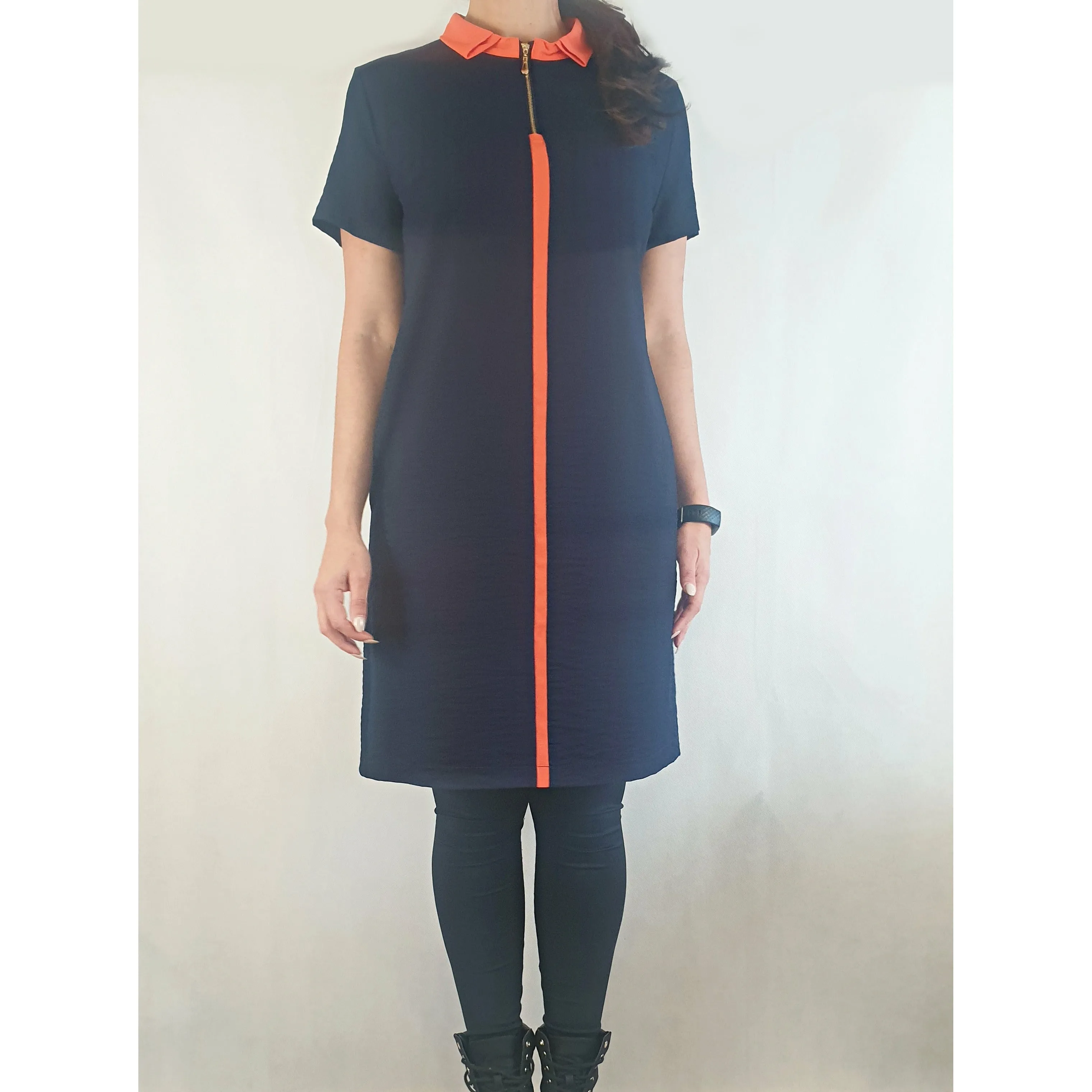Da Peng 60s style navy dress with orange accents and front zip size XXL (best fits 12)