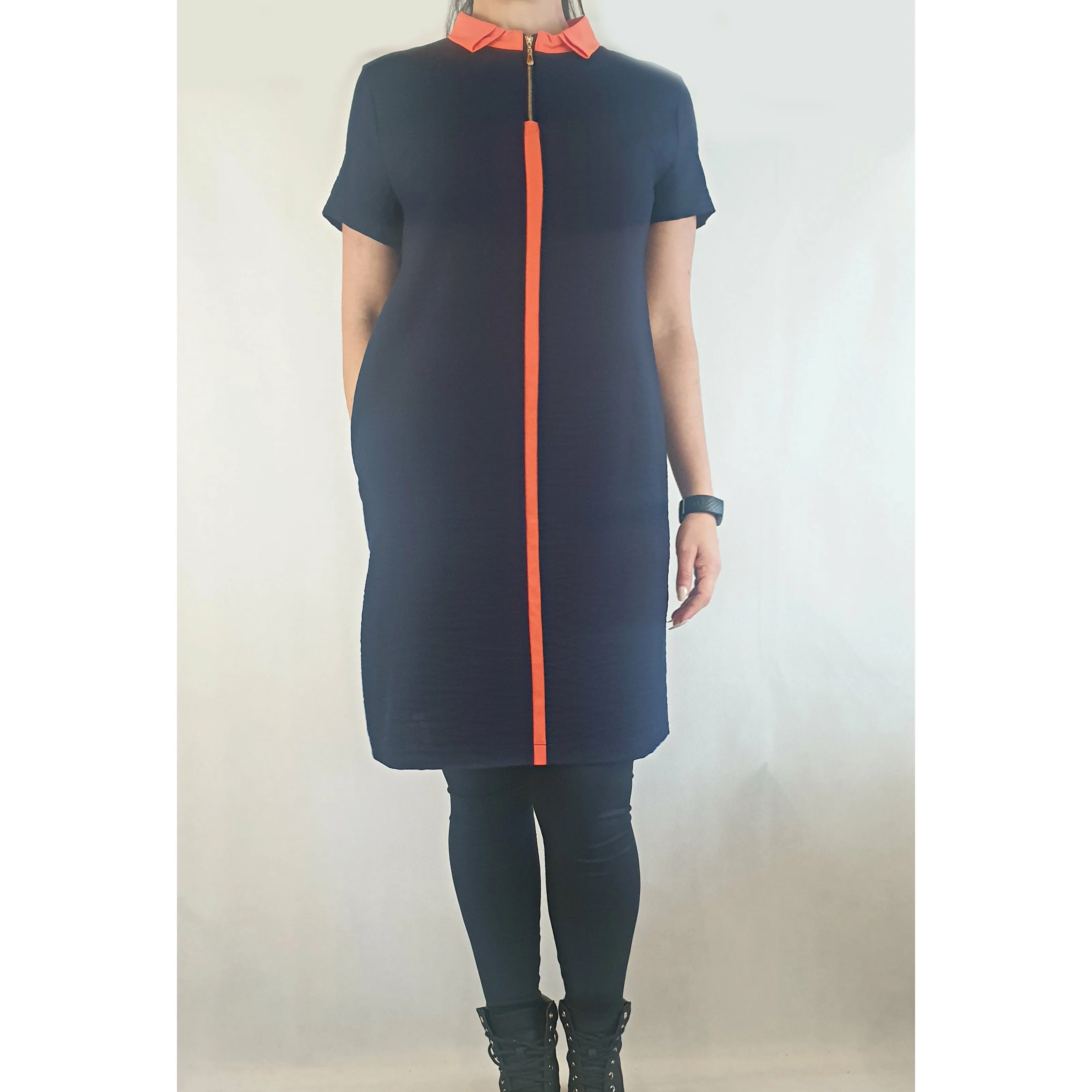 Da Peng 60s style navy dress with orange accents and front zip size XXL (best fits 12)