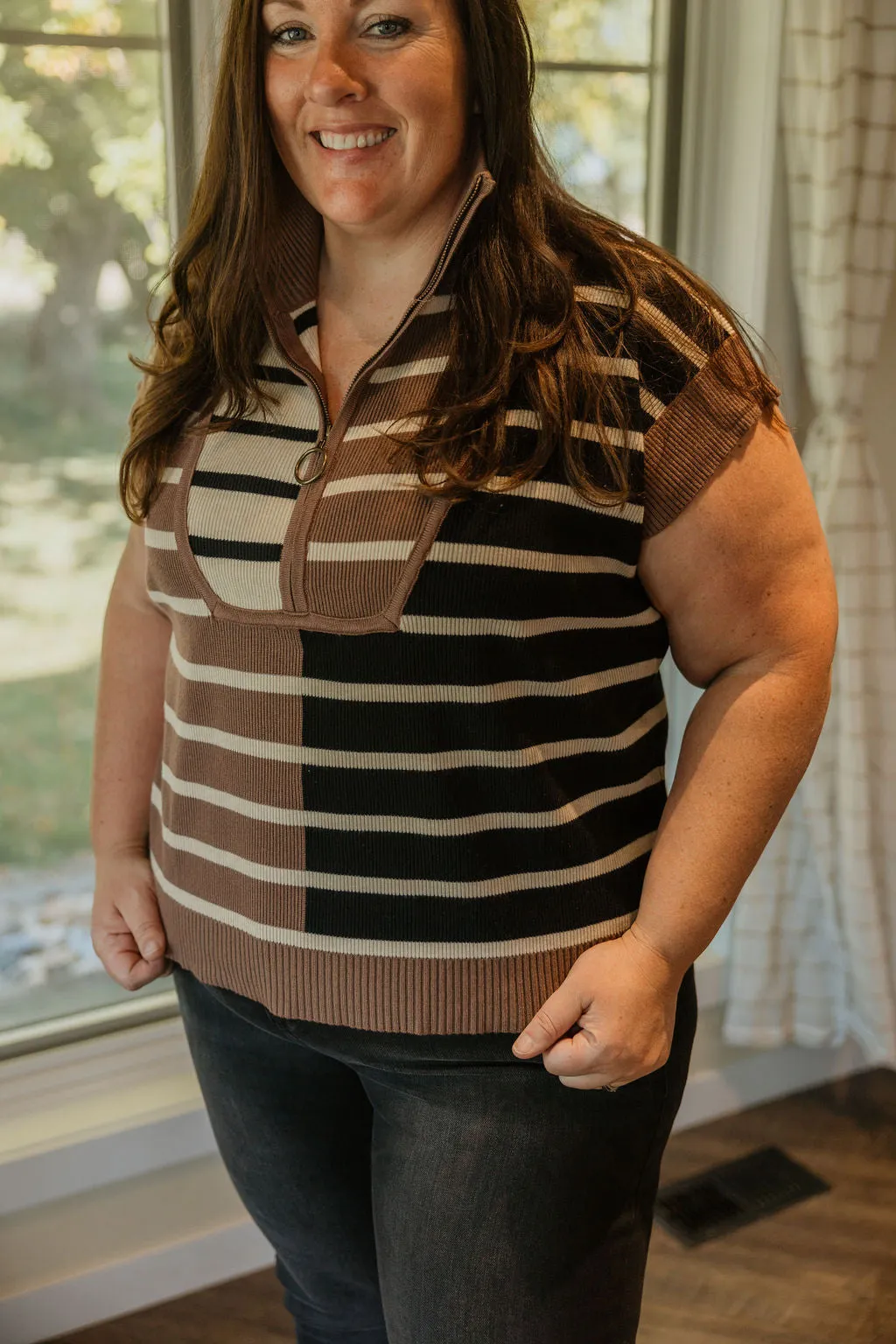 DACIA REG/CURVY STRIPE CAP-SLEEVE SWEATER