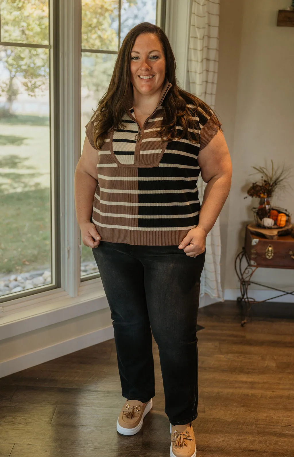 DACIA REG/CURVY STRIPE CAP-SLEEVE SWEATER