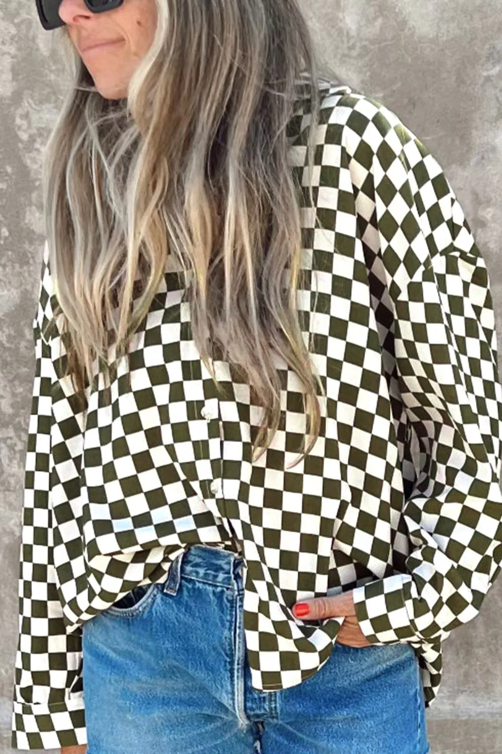 Daphnie Checkered Collared Neck Long Sleeve Shirt
