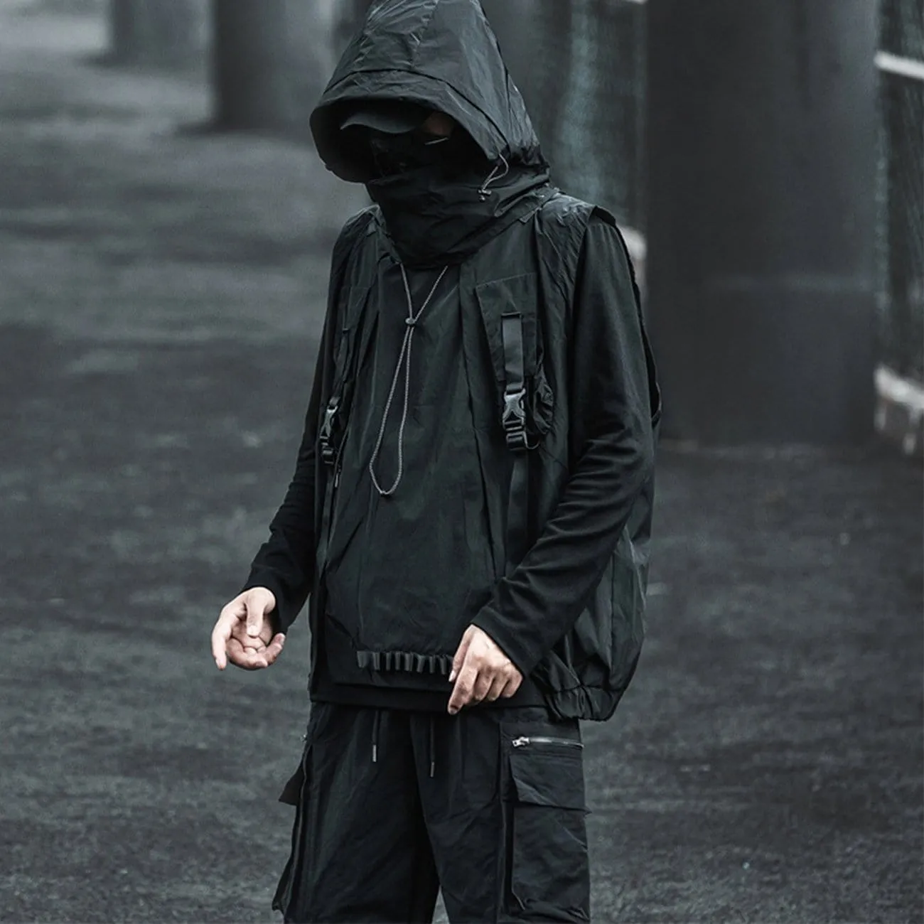 Dark Combat Multi Pockets Hooded Vest Jacket
