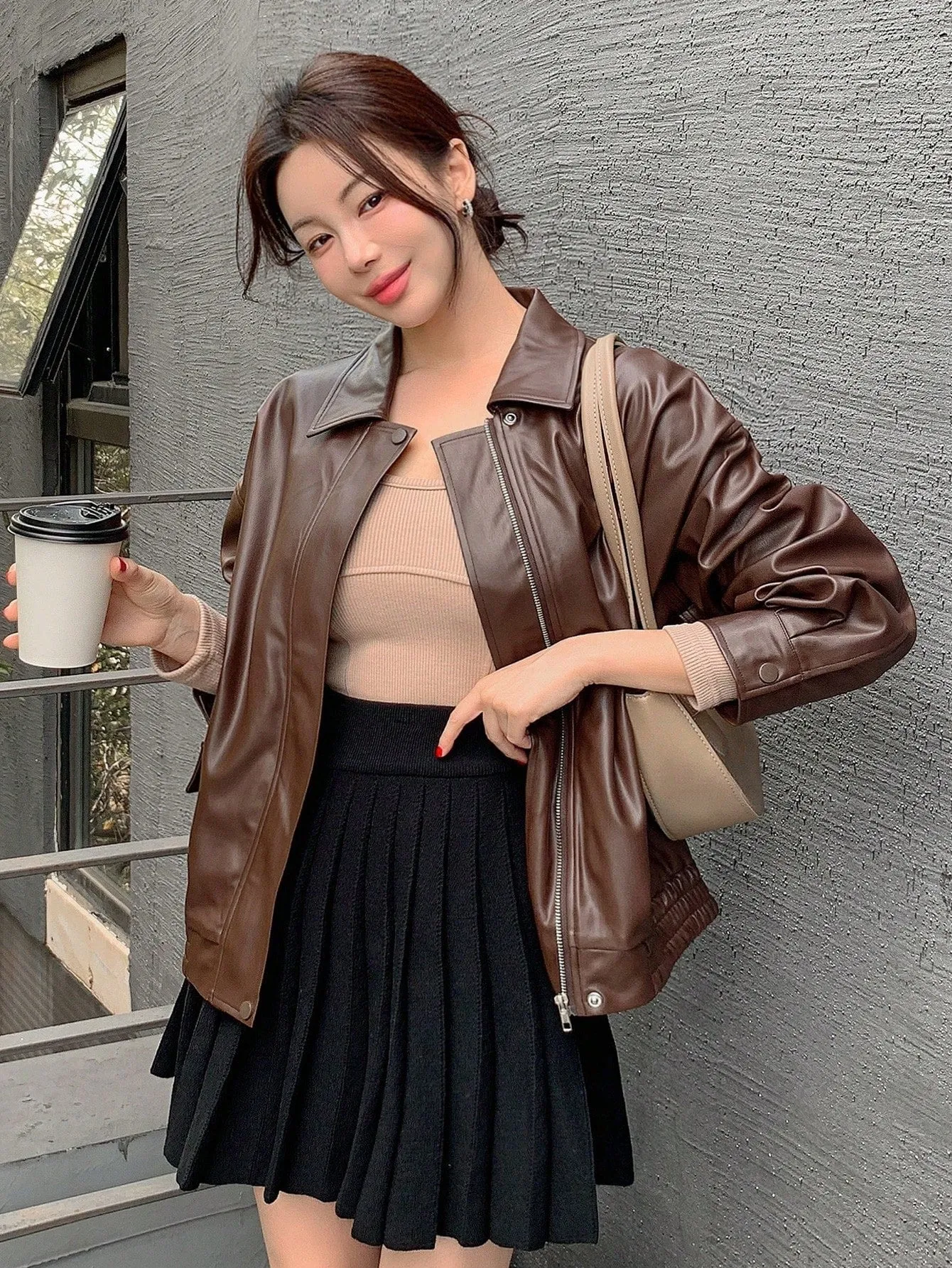 DAZY Women Casual Solid Color PU Loose Regular Jacket, Autumn