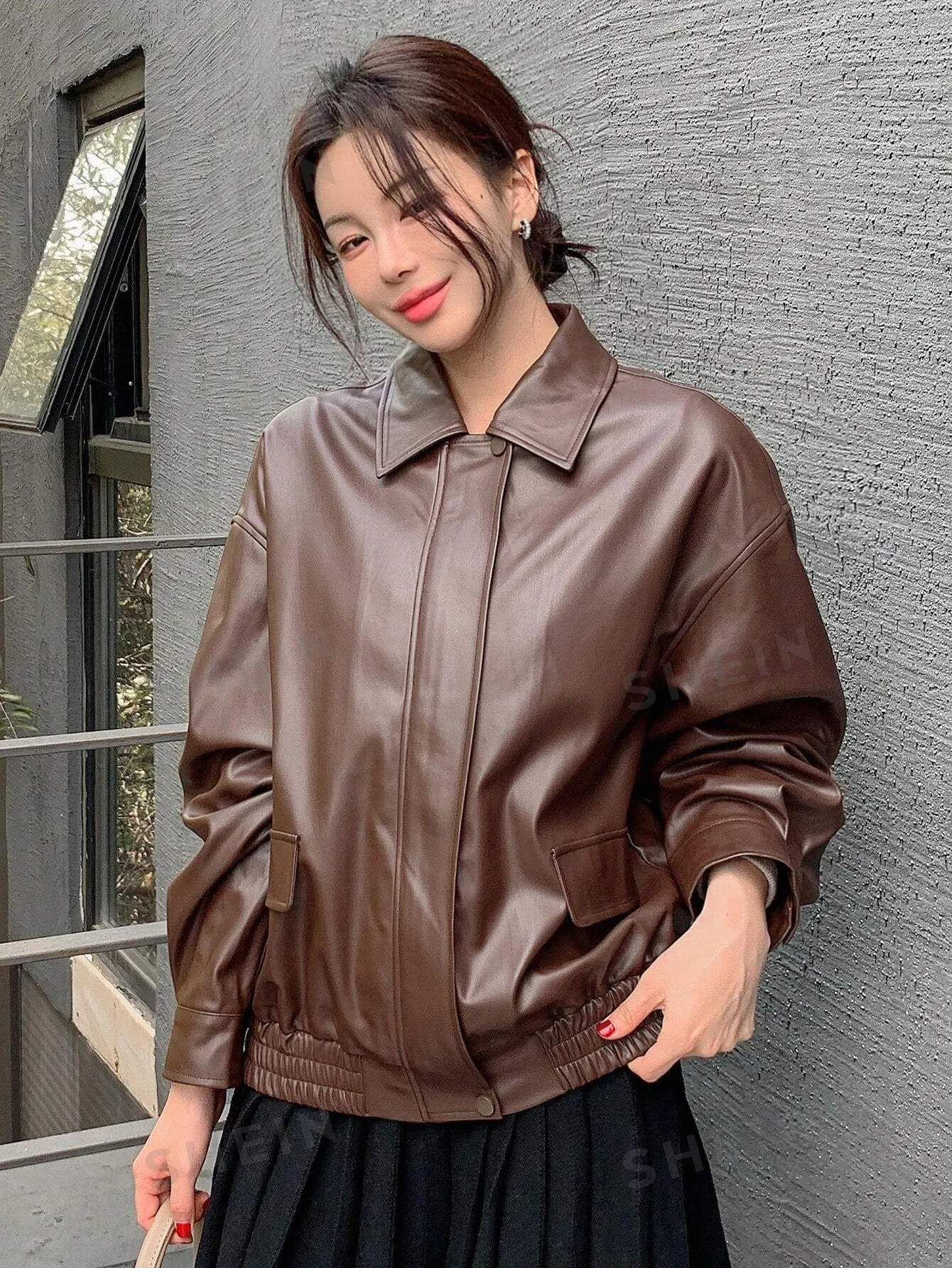 DAZY Women Casual Solid Color PU Loose Regular Jacket, Autumn