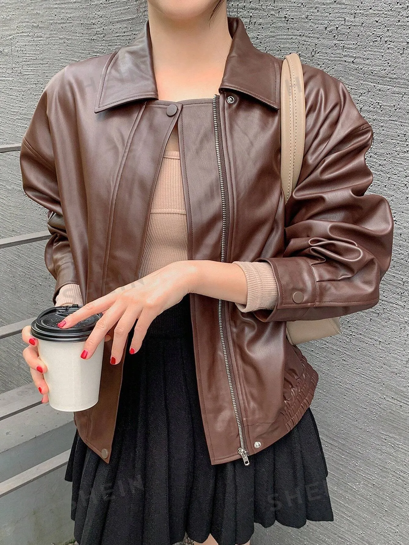 DAZY Women Casual Solid Color PU Loose Regular Jacket, Autumn