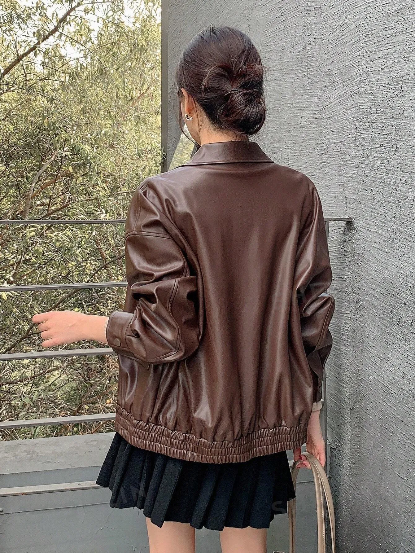 DAZY Women Casual Solid Color PU Loose Regular Jacket, Autumn