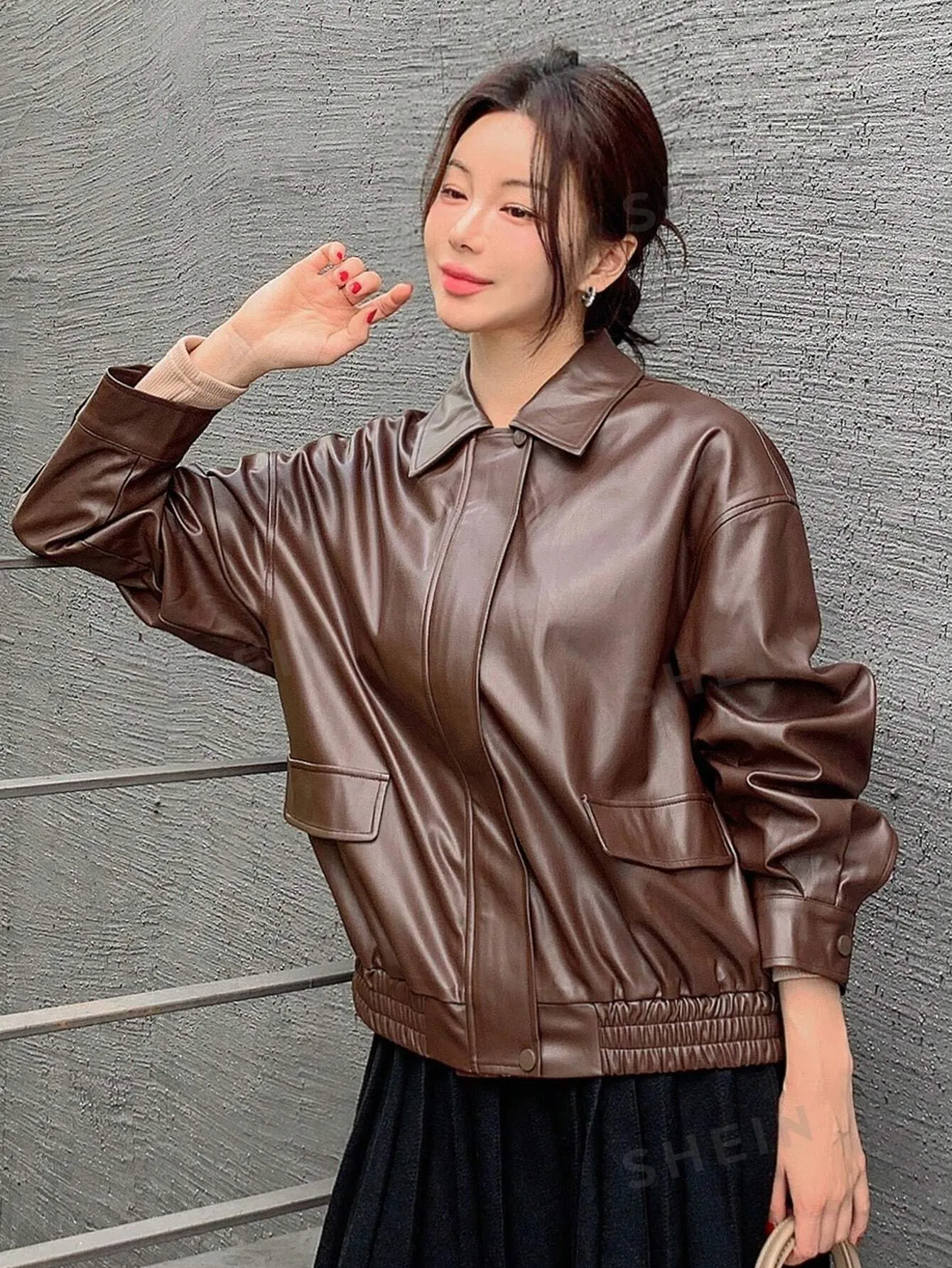 DAZY Women Casual Solid Color PU Loose Regular Jacket, Autumn