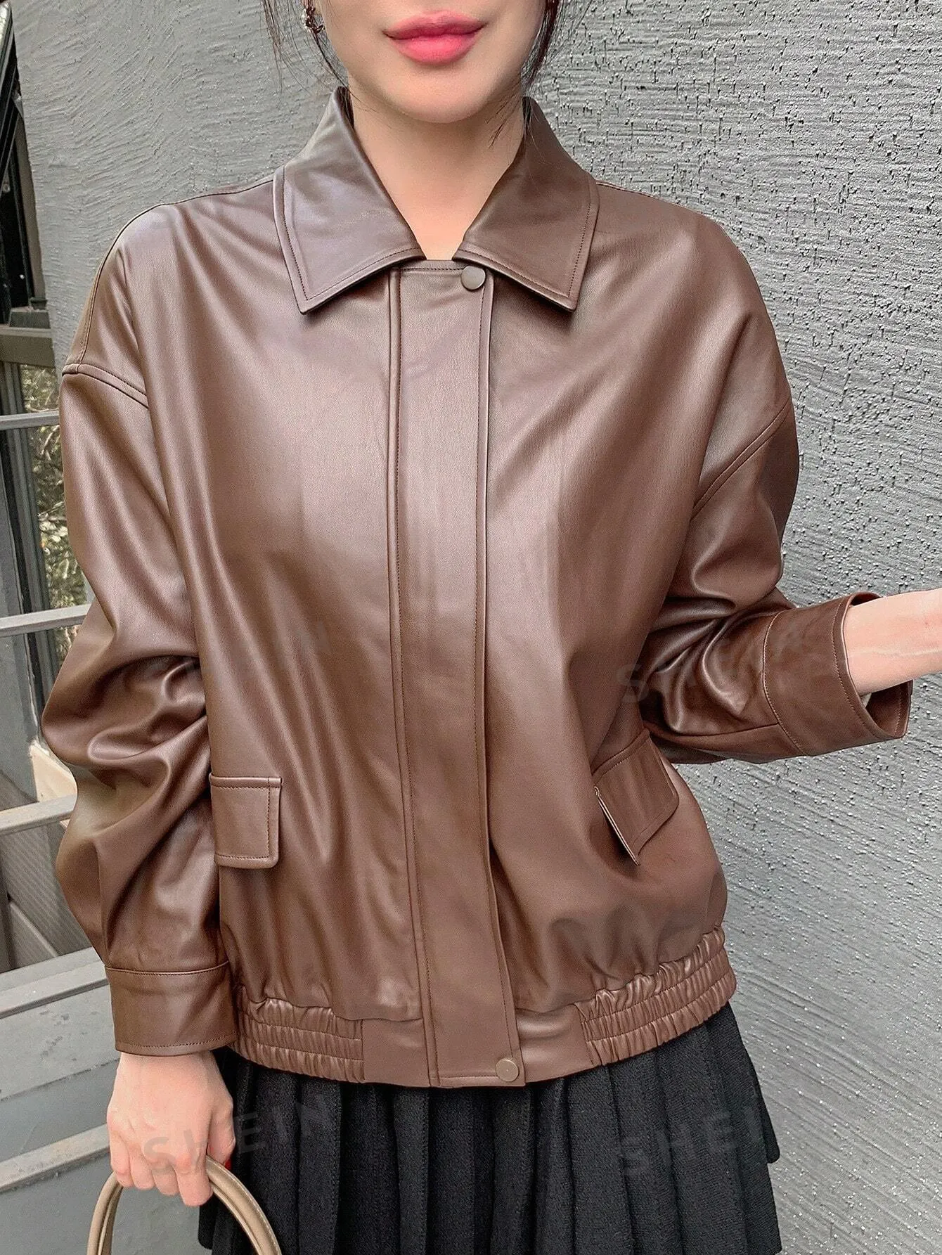 DAZY Women Casual Solid Color PU Loose Regular Jacket, Autumn