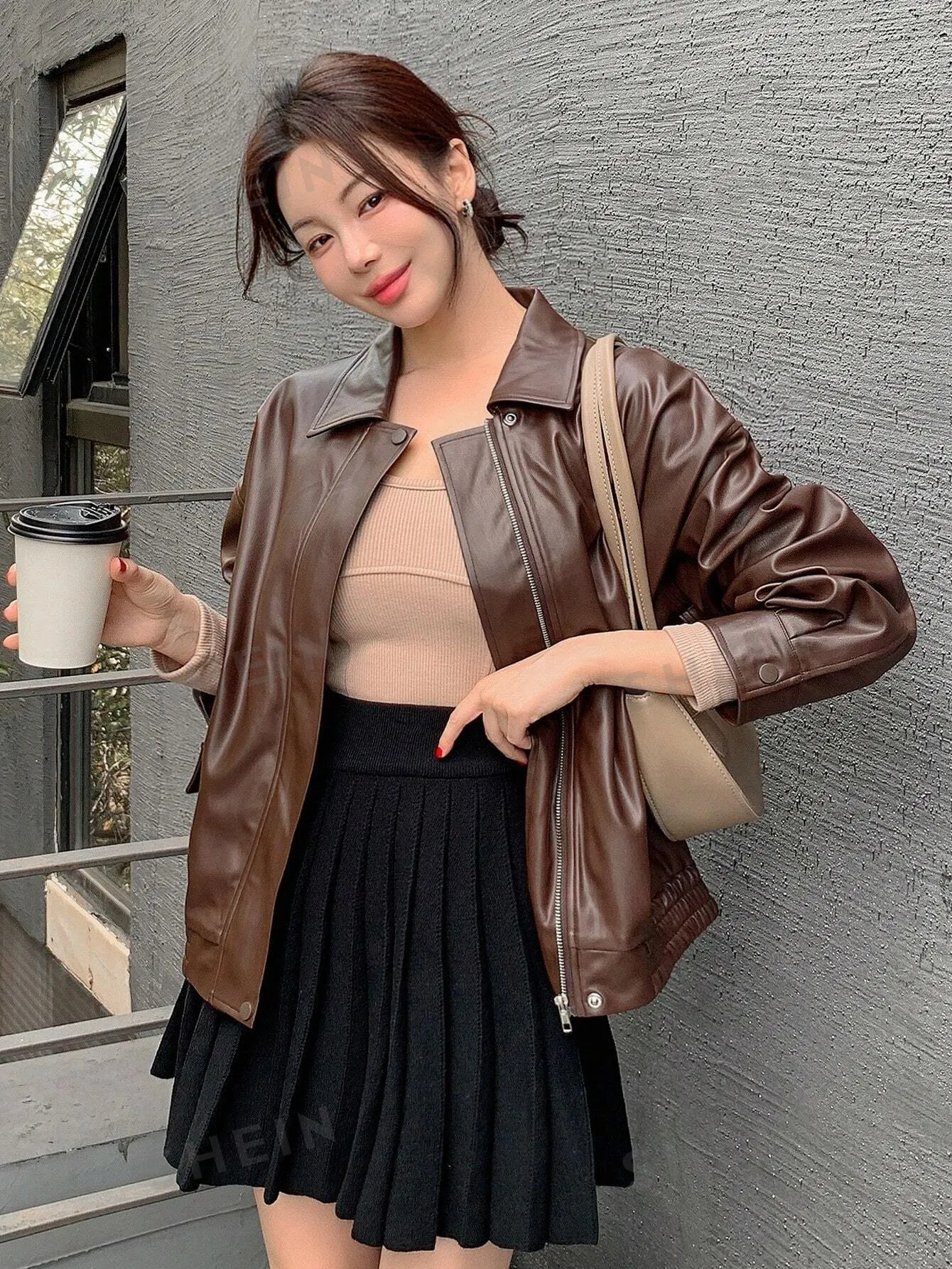 DAZY Women Casual Solid Color PU Loose Regular Jacket, Autumn
