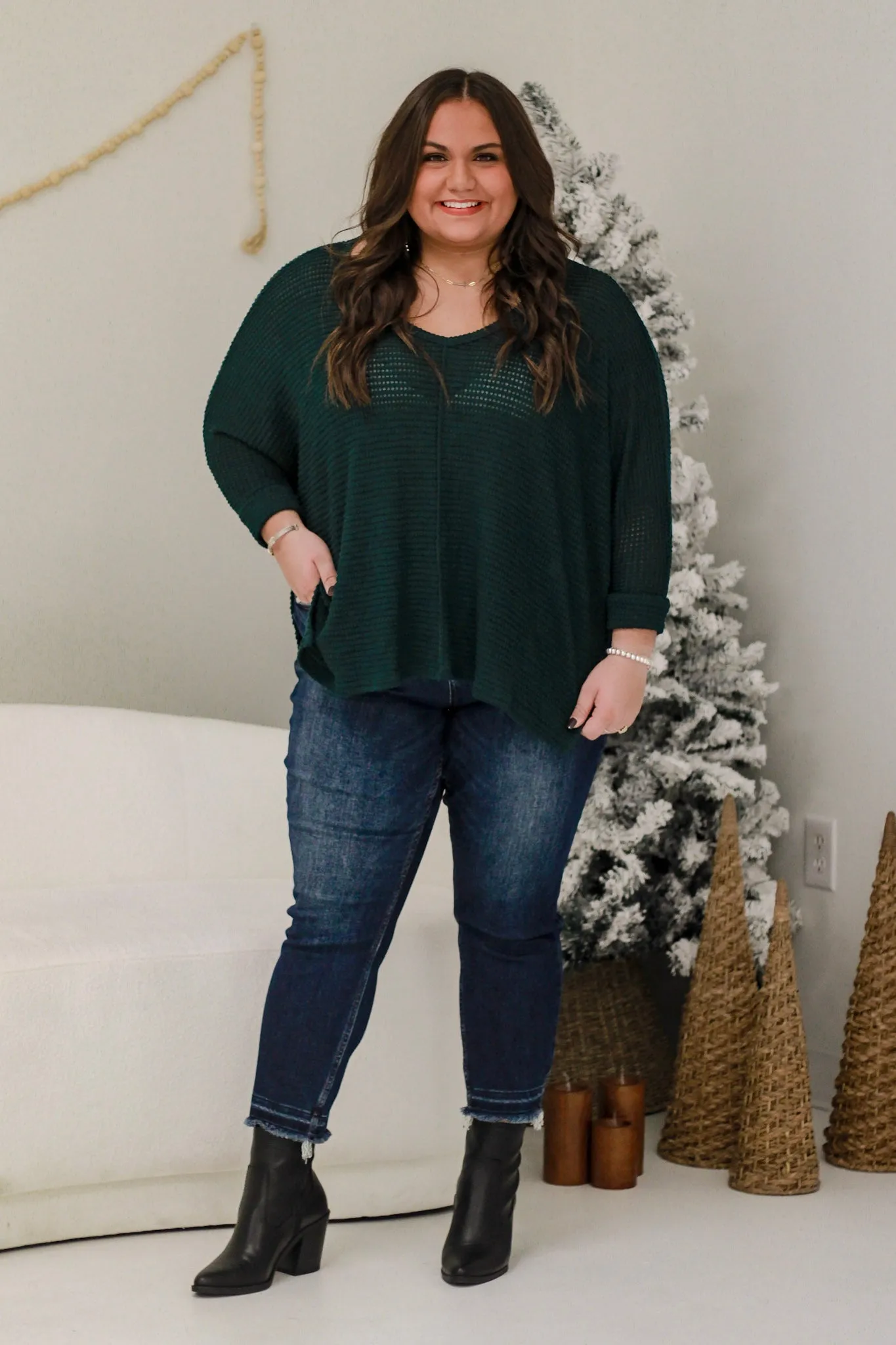 DB In the Moment Waffle Knit Top in Hunter Green