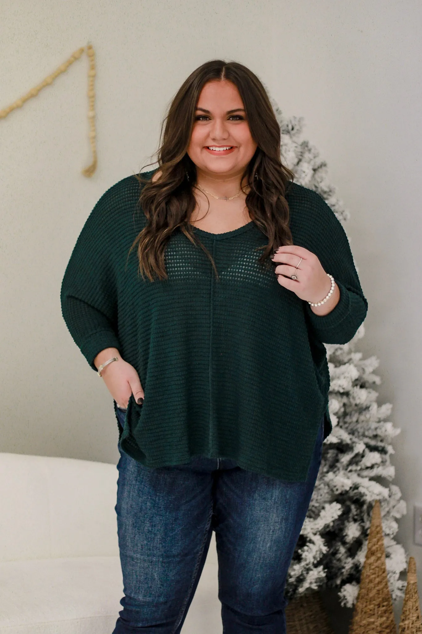 DB In the Moment Waffle Knit Top in Hunter Green