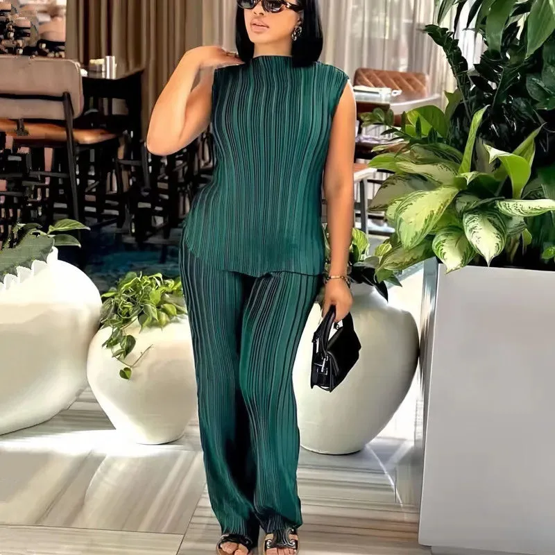 Elegant Pleated Sleeveless Top & Wide Leg Pants Set