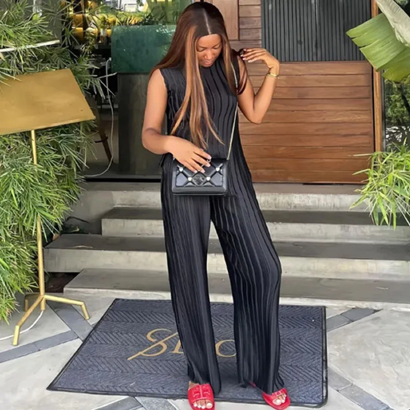 Elegant Pleated Sleeveless Top & Wide Leg Pants Set