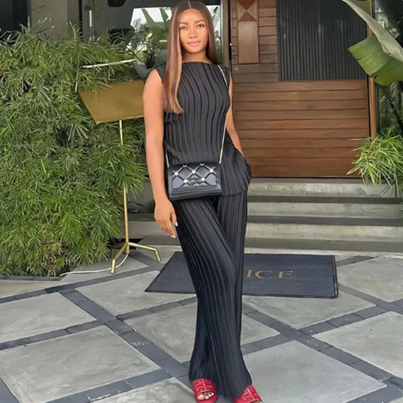 Elegant Pleated Sleeveless Top & Wide Leg Pants Set