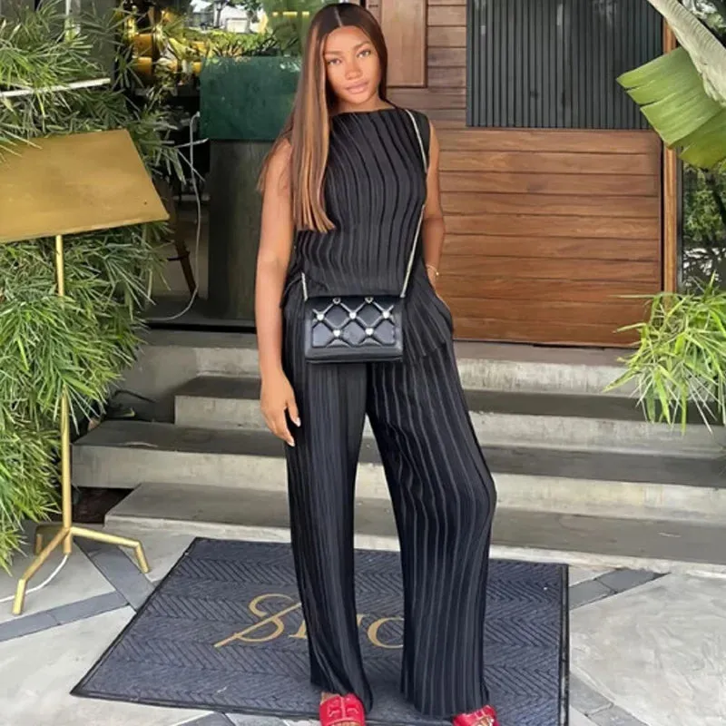 Elegant Pleated Sleeveless Top & Wide Leg Pants Set