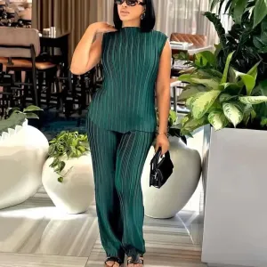 Elegant Pleated Sleeveless Top & Wide Leg Pants Set
