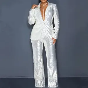 Elegant Sequin Blazer & Wide Leg Pants Set
