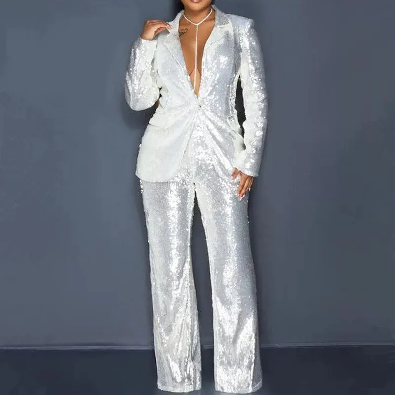 Elegant Sequin Blazer & Wide Leg Pants Set