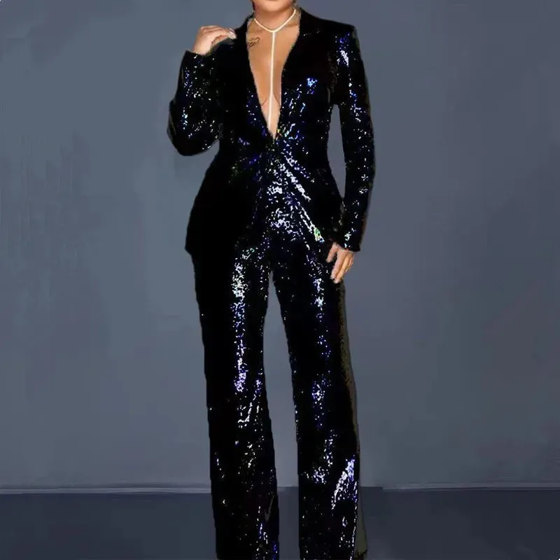 Elegant Sequin Blazer & Wide Leg Pants Set