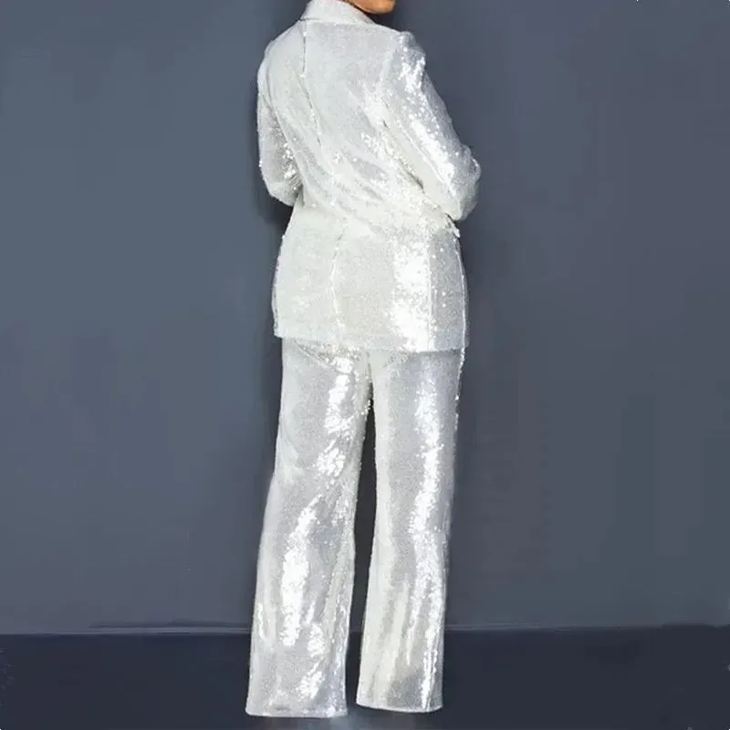 Elegant Sequin Blazer & Wide Leg Pants Set