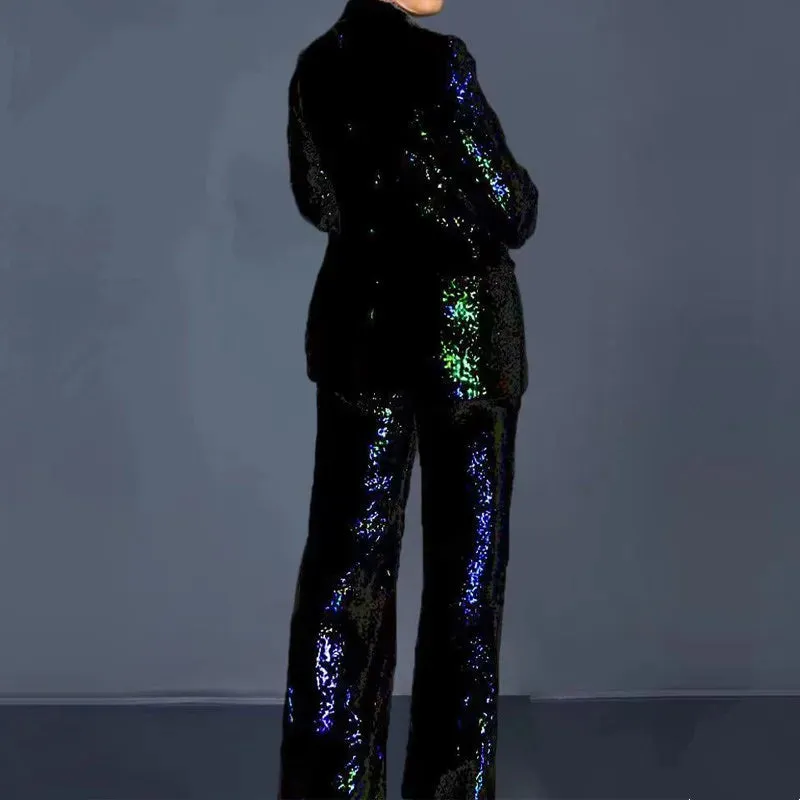 Elegant Sequin Blazer & Wide Leg Pants Set