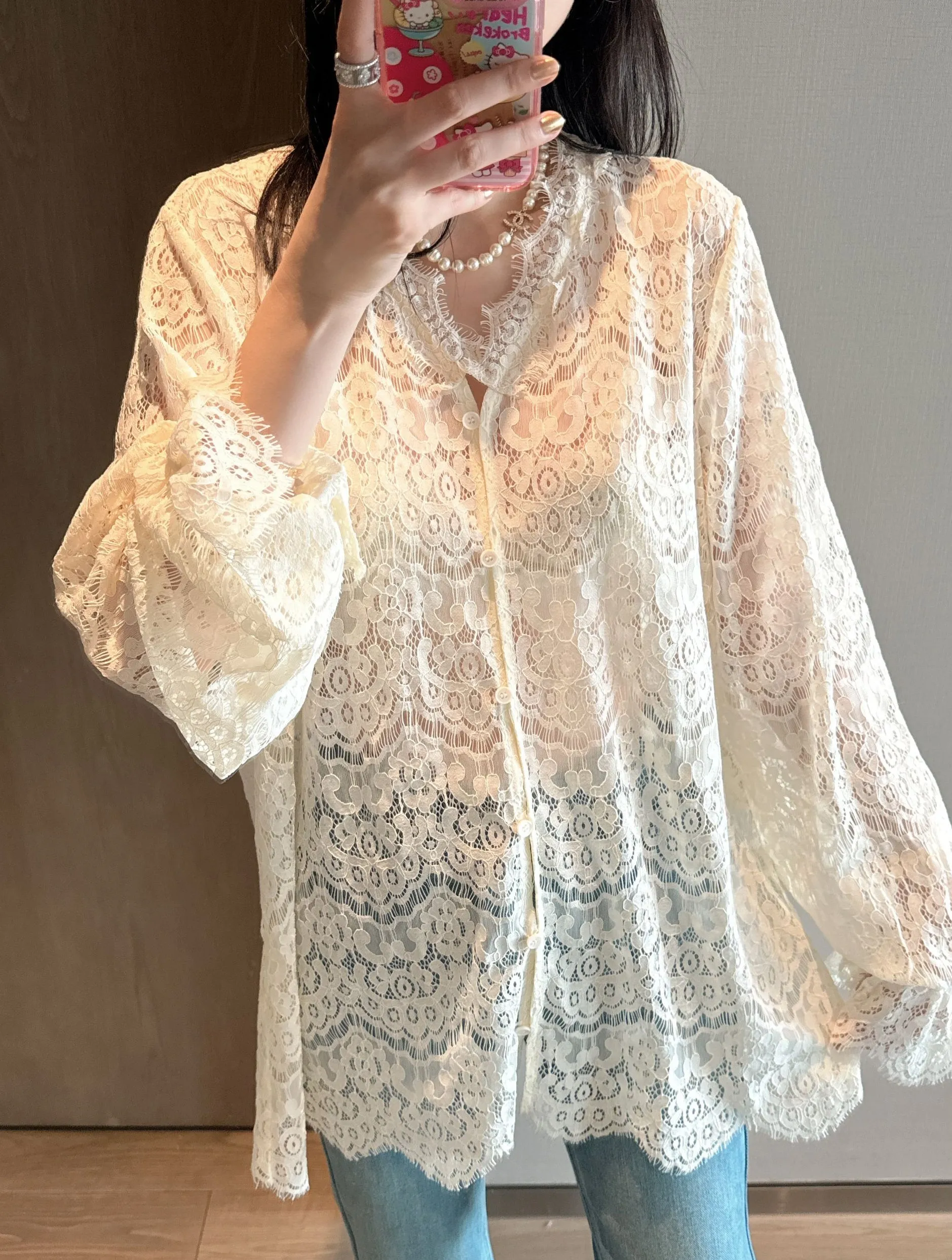 Embroidered Lace Hollow-Out Flare Sleeve Sunscreen Top