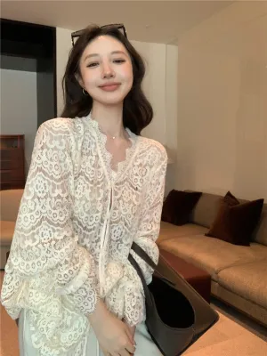 Embroidered Lace Hollow-Out Flare Sleeve Sunscreen Top