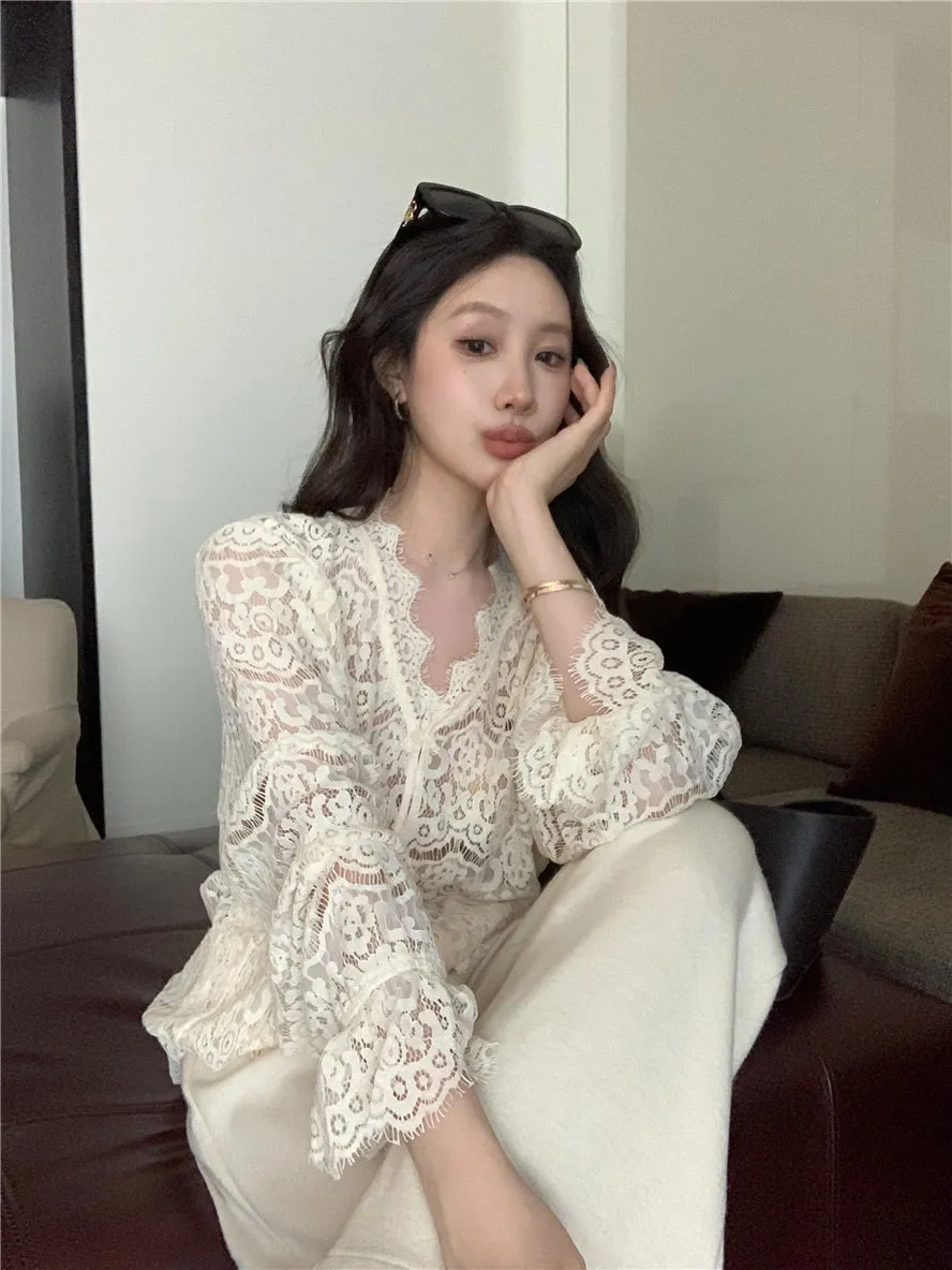 Embroidered Lace Hollow-Out Flare Sleeve Sunscreen Top