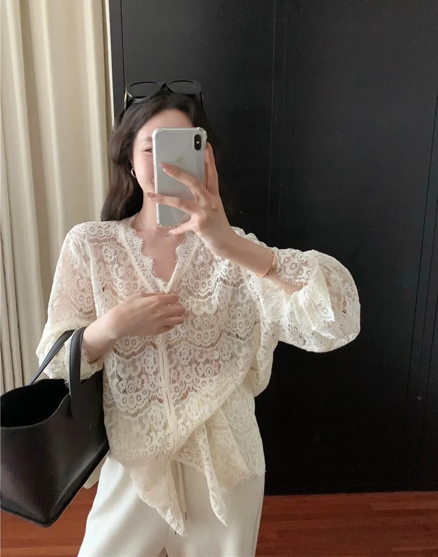 Embroidered Lace Hollow-Out Flare Sleeve Sunscreen Top