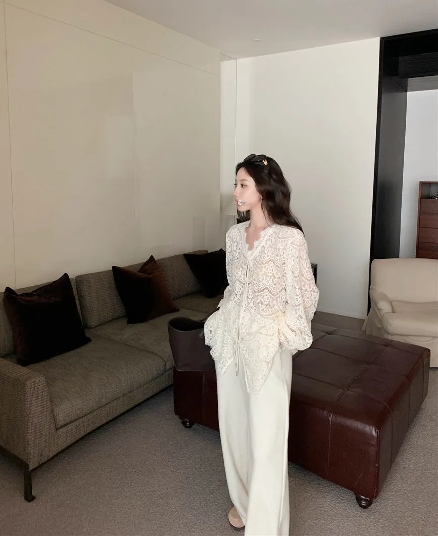 Embroidered Lace Hollow-Out Flare Sleeve Sunscreen Top
