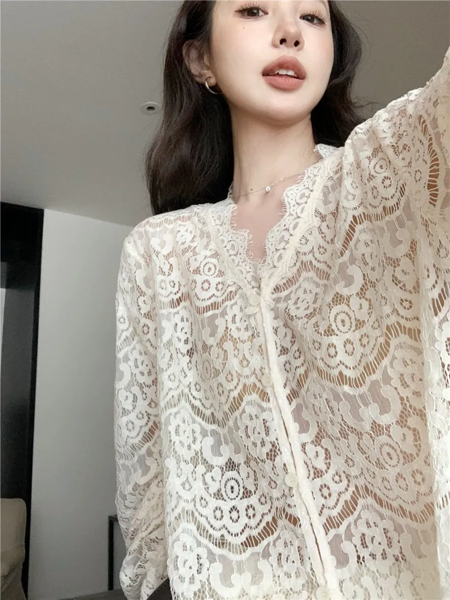 Embroidered Lace Hollow-Out Flare Sleeve Sunscreen Top
