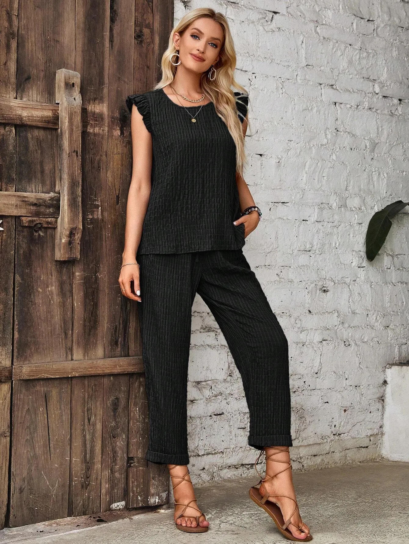 EMERY ROSE Ladies' Monochrome Textured Ruffle Armhole Top And Pants Set