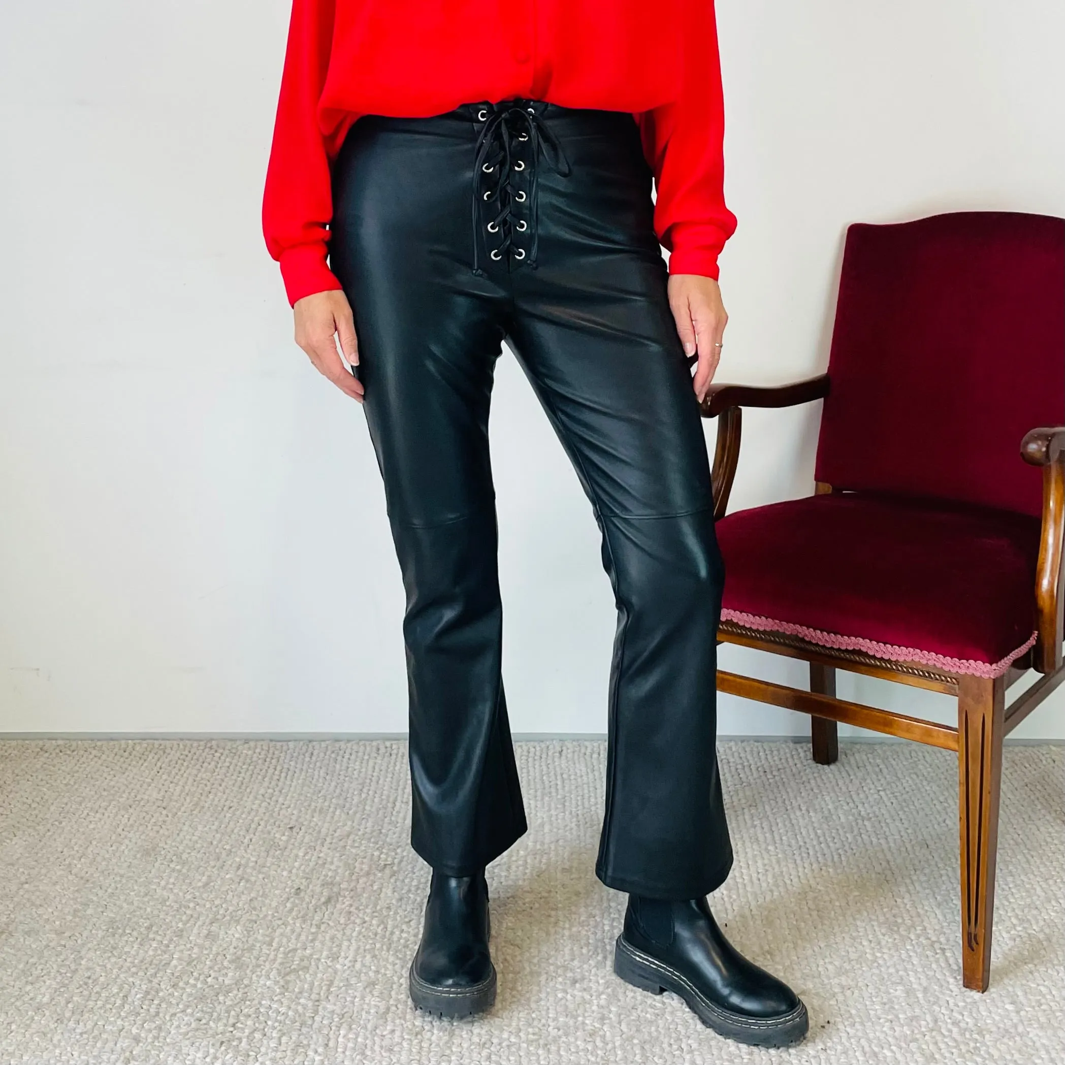 Faux Leather Flared Lace Up Waist Pants (M)
