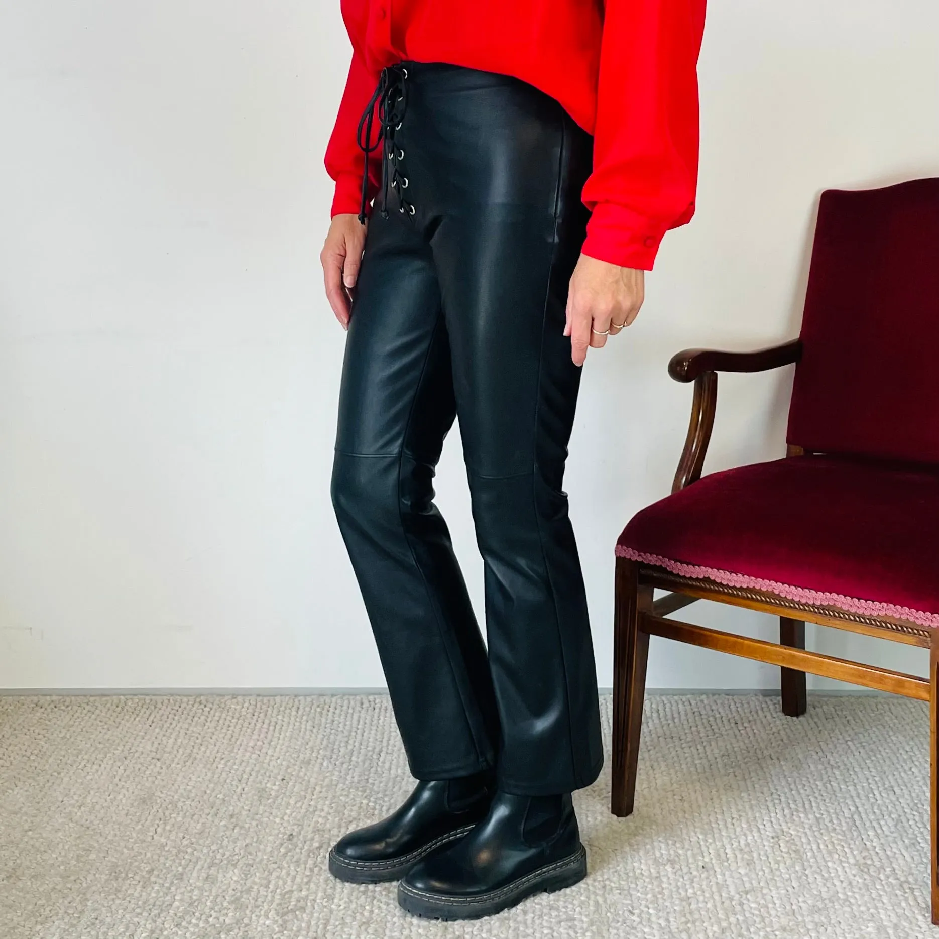 Faux Leather Flared Lace Up Waist Pants (M)