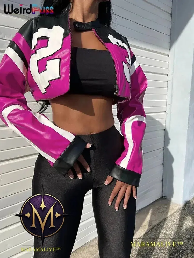 Faux Leather Women Jacket Hipster Letter Print Autumn Trend Casual Sporty Wild Streetwear Uniform Varsity Crop Coat