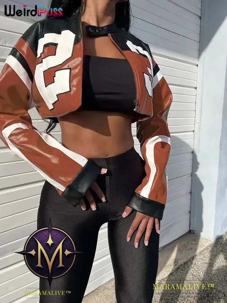 Faux Leather Women Jacket Hipster Letter Print Autumn Trend Casual Sporty Wild Streetwear Uniform Varsity Crop Coat