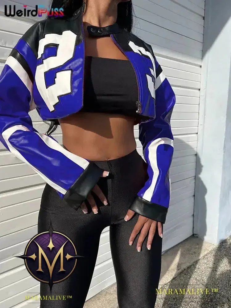 Faux Leather Women Jacket Hipster Letter Print Autumn Trend Casual Sporty Wild Streetwear Uniform Varsity Crop Coat