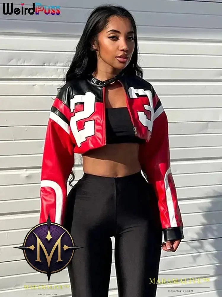 Faux Leather Women Jacket Hipster Letter Print Autumn Trend Casual Sporty Wild Streetwear Uniform Varsity Crop Coat