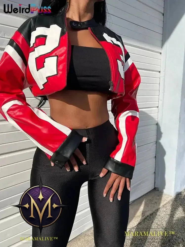 Faux Leather Women Jacket Hipster Letter Print Autumn Trend Casual Sporty Wild Streetwear Uniform Varsity Crop Coat
