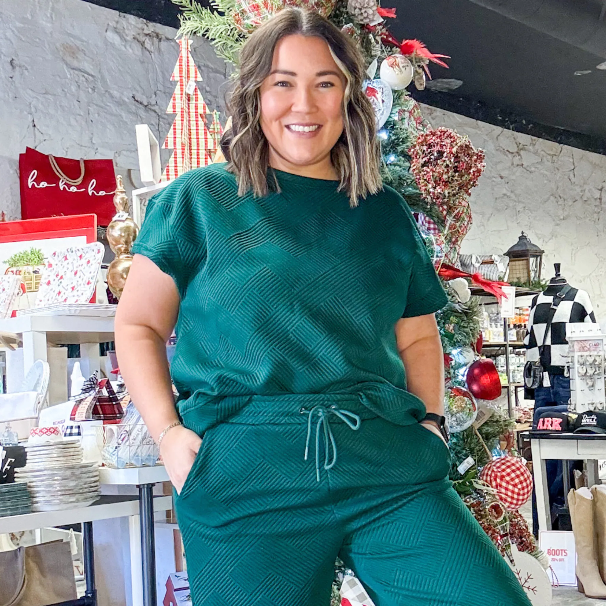 Forrest Green Textured Pants, Matching Set for Women