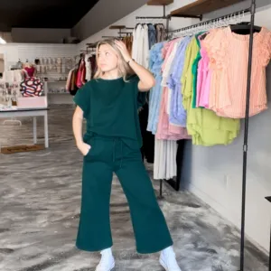 Forrest Green Textured Pants, Matching Set for Women