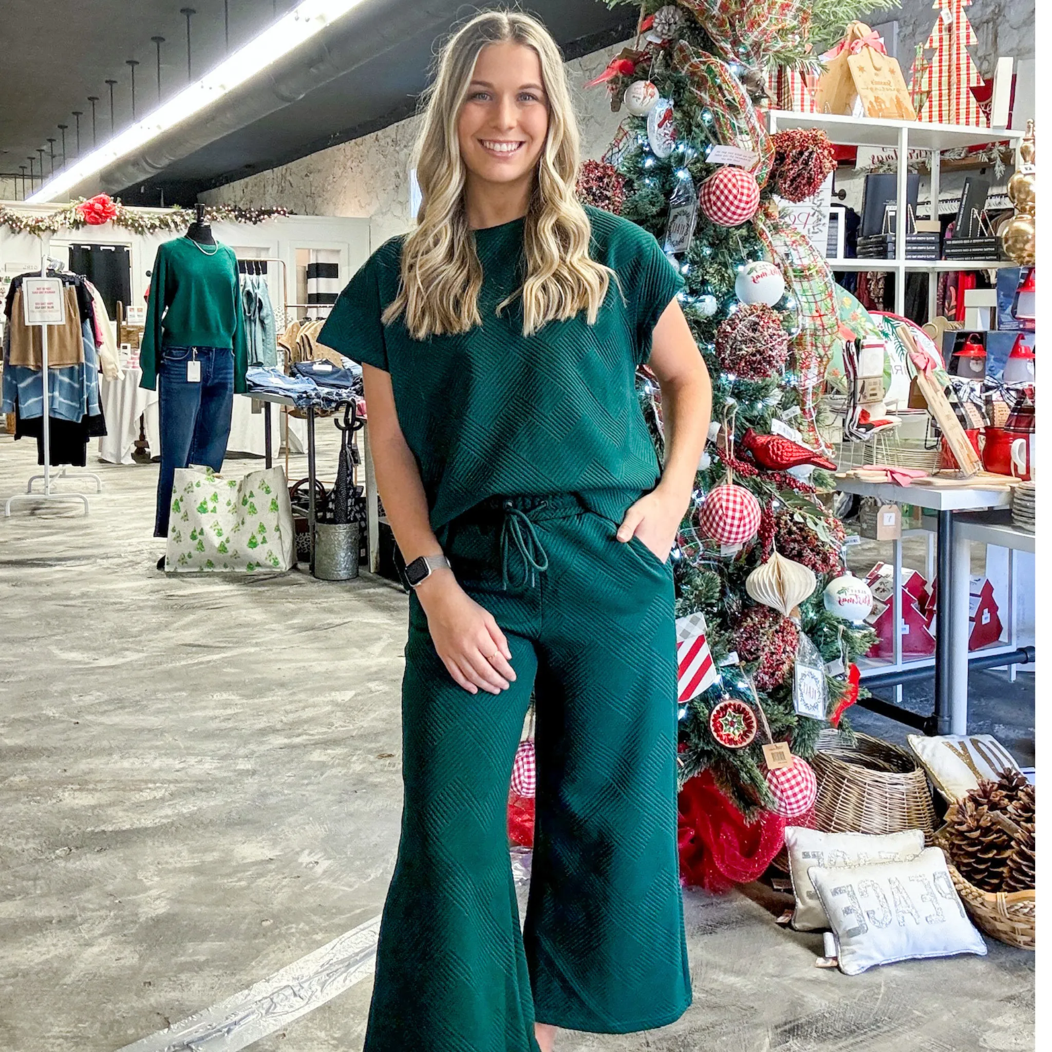 Forrest Green Textured Pants, Matching Set for Women