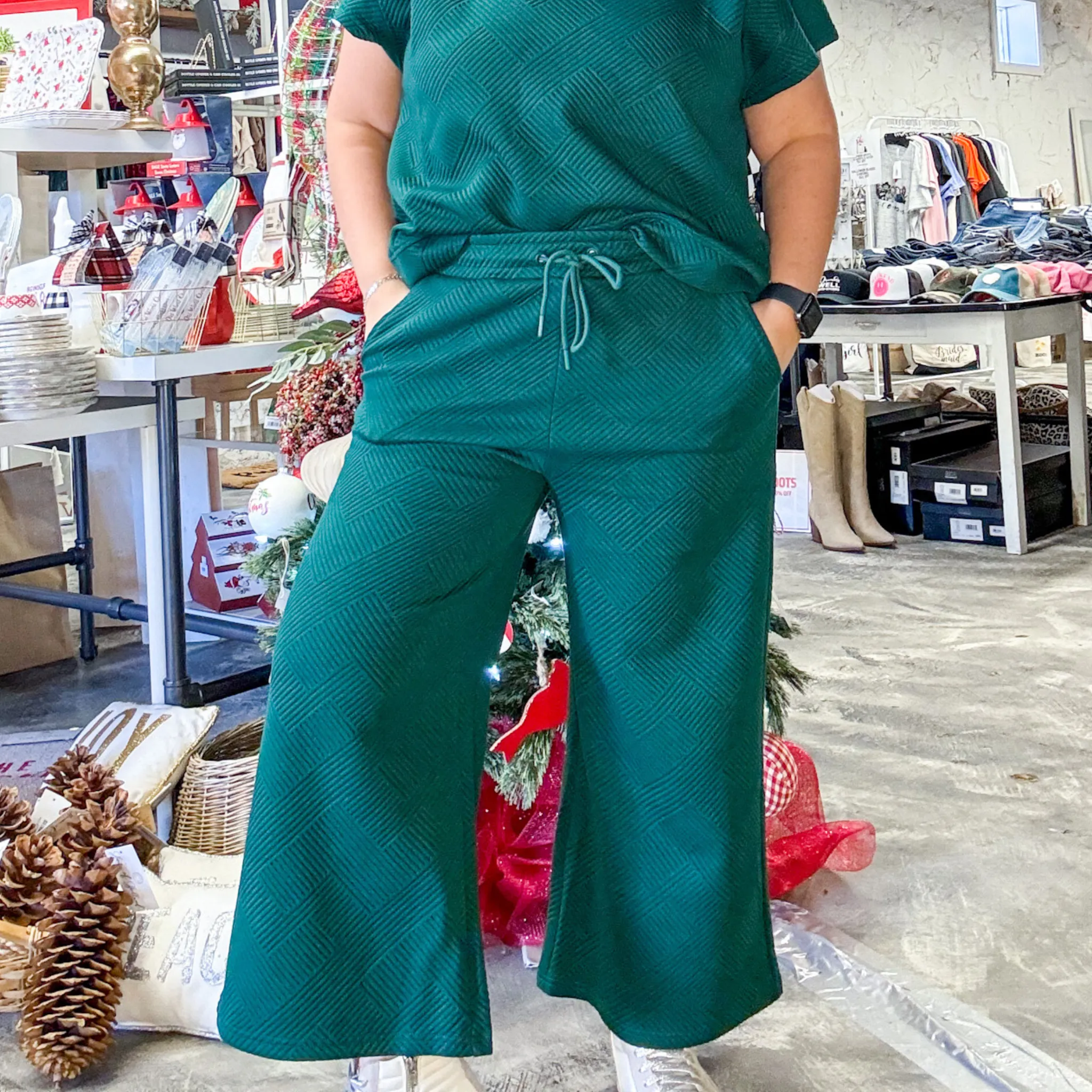 Forrest Green Textured Pants, Matching Set for Women