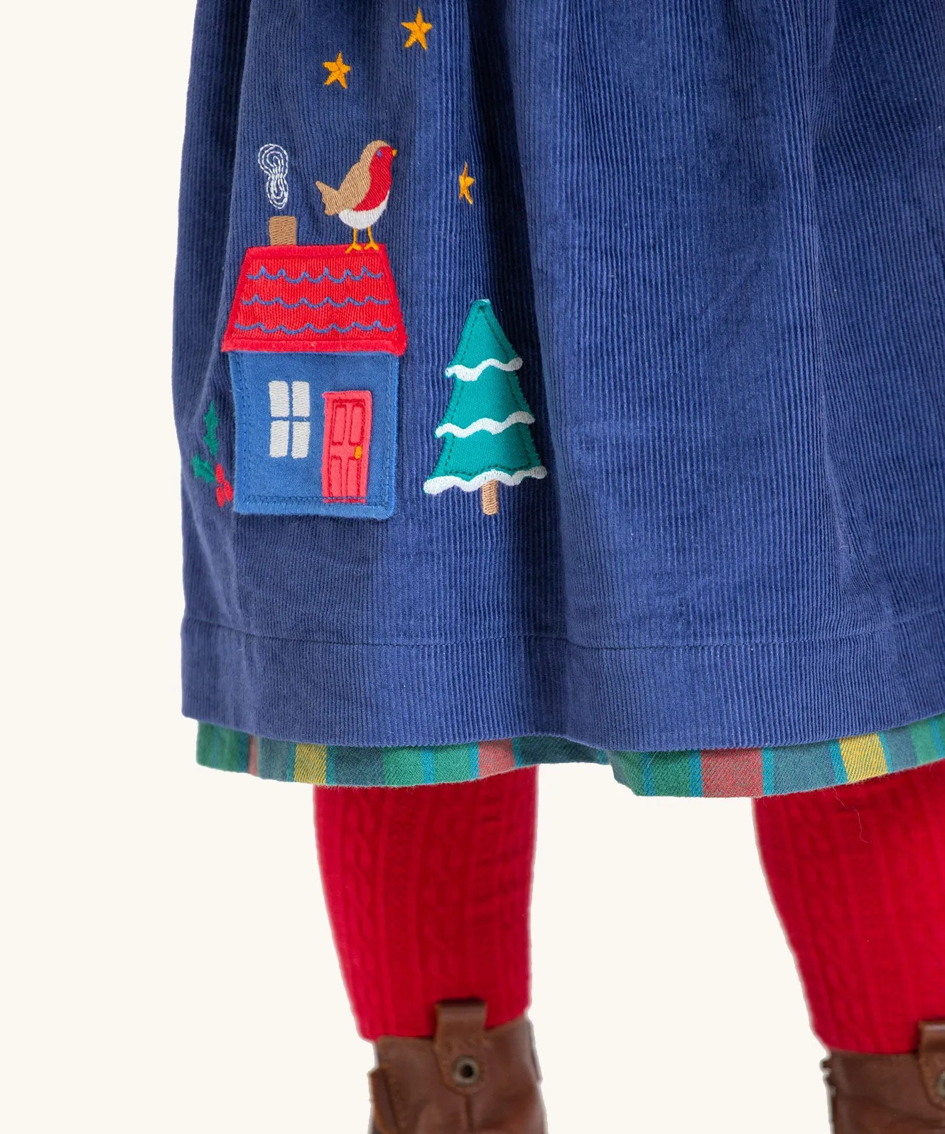 Frugi Inara Cord Reversible Dress - Navy Blue/Rainbow Check