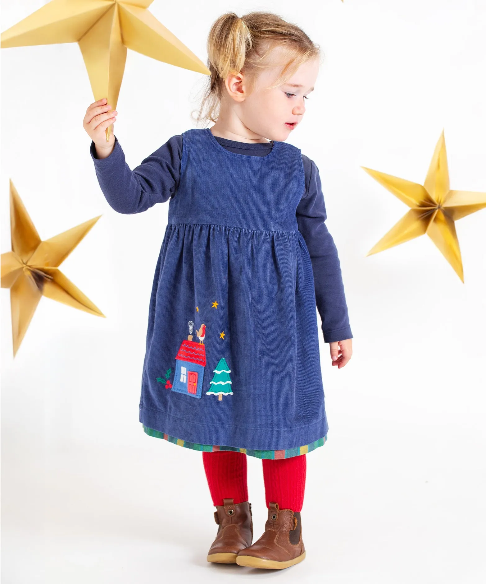 Frugi Inara Cord Reversible Dress - Navy Blue/Rainbow Check