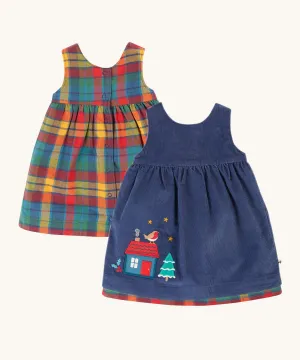 Frugi Inara Cord Reversible Dress - Navy Blue/Rainbow Check