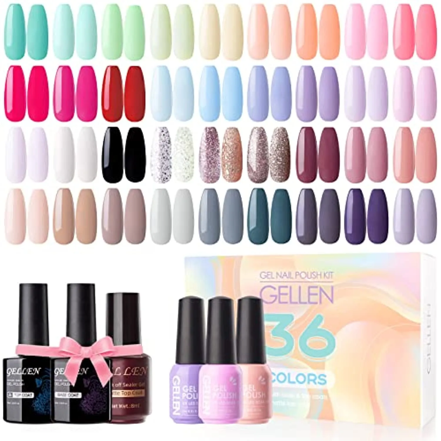 Gellen 36 Colors Gel Nail Polish Kit - With Top&Base Coat Matte Top Coat, Popular Ranbow Nail Gel Polish Colors, Nude & Glitters Nail Gel Polish Colors, Salon/Home Gel Manicure Holiday Gift Set