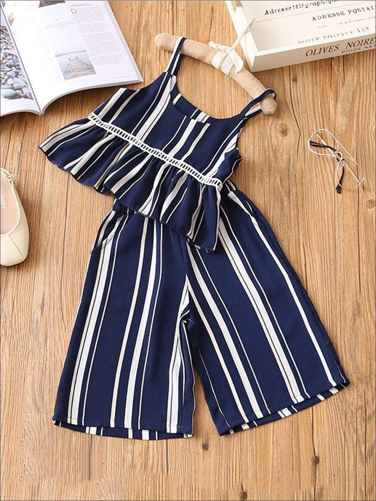 Girls Striped Cami Flare Top & Wide Leg Pants Set
